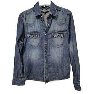 Carbon Blue Distressed Pearl Snap Western Classic Fit Denim Shirt Men's Small
